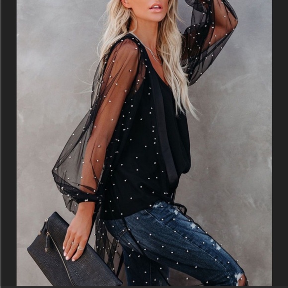 1 Left!  Black Tulle Open Front Duster Kimono w/Silver Beads - Picture 7 of 9